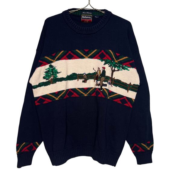 Vintage 90s Hathaway Size XL Navy Embroidered Golf Sweater Mens Hand Intarsia - Picture 1 of 10